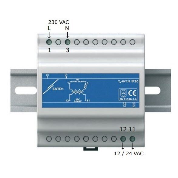 Isoleeriv ohutustrafo | 230VAC/12VAC | 63VA | DIN-liistule | IP30 | Sentera Controls | SATD1-12-63 1