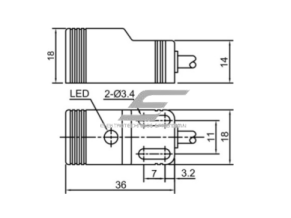 Induktyvinis artumo jutiklis | 5mm | 18x18x36mm | 10-30VDC | NO | įmontuojamas | 2m kabelis | IP67 1