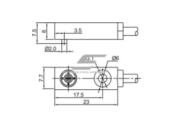 Induktyvinis artumo jutiklis | 2,5mm | 7,5x7,7x23mm | 10-30VDC | NO | NPN | paviršinis | 2m kabelis | IP67 1