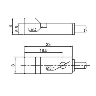 Induktīvais tuvuma sensors | 2,5mm | 8x8x23mm | 10-30VDC | NO | PNP | neiegrimstoša montāža | IP67 1 Induktīvais tuvuma sensors | 2,5mm | 8x8x23mm | 10-30VDC | NO | PNP | neiegrimstoša montāža | IP67 1