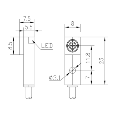 Индуктивный датчик приближения | 2,5мм | 7,5x7,7x23mm | 10-30VDC | NO | PNP | неутопленное крепление | IP67 Индуктивный датчик приближения | 2,5мм | 7,5x7,7x23mm | 10-30VDC | NO | PNP | неутопленное крепление | IP67