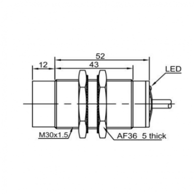 Induktīvais tuvuma sensors | 15mm | M30 | 10-30VDC | NO | neiegrimstoša montāža | IP67 1 Induktīvais tuvuma sensors | 15mm | M30 | 10-30VDC | NO | neiegrimstoša montāža | IP67 1
