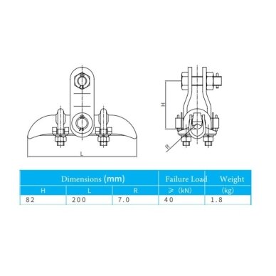 Uchwyt zawieszeniowy do linii napowietrznych | cynkowany ogniowo | 200x82mm | ≥40kN | stal węglowa Q235 3
