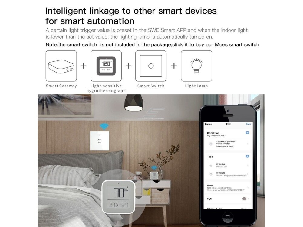 Išmanus | belaidis šviesos | temperatūros ir drėgmes matuoklis | jutiklis | 0-999lux | 0-50°C | 0-99RH% | 66x66x11mm | baltas | Wi-Fi | ZigBee | Smart Life | TUYA | MOES 2 Išmanus | belaidis šviesos | temperatūros ir drėgmes matuoklis | jutiklis | 0-999lux | 0-50°C | 0-99RH% | 66x66x11mm | baltas | Wi-Fi | ZigBee | Smart Life | TUYA | MOES 2