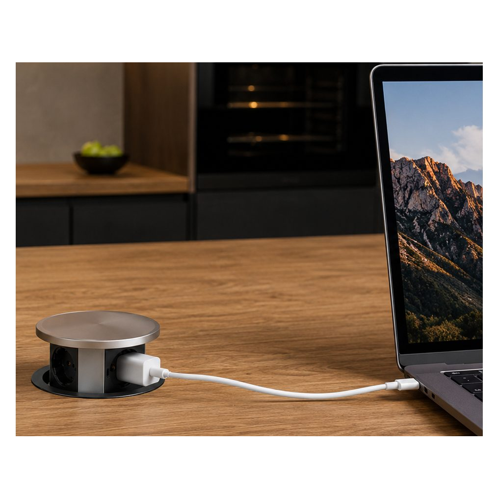 Väljatõmmatav pistikupesade plokk | sammas | mööblisse paigaldatav | ümmargune | 4xSchuko | Ø100mm | 1,5m kaabel | hõbedane | GTV | AE-BPW4S100-53 | 5902801253003 3