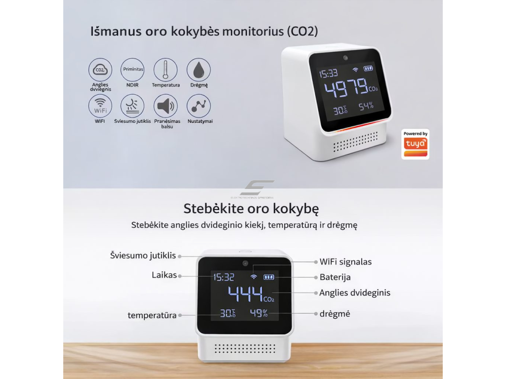 Išmanus CO2 matuoklis | su Wi-Fi, temperatūros ir drėgmės matavimu | Tuya Smart | įkraunama baterija + USB Type-C 1