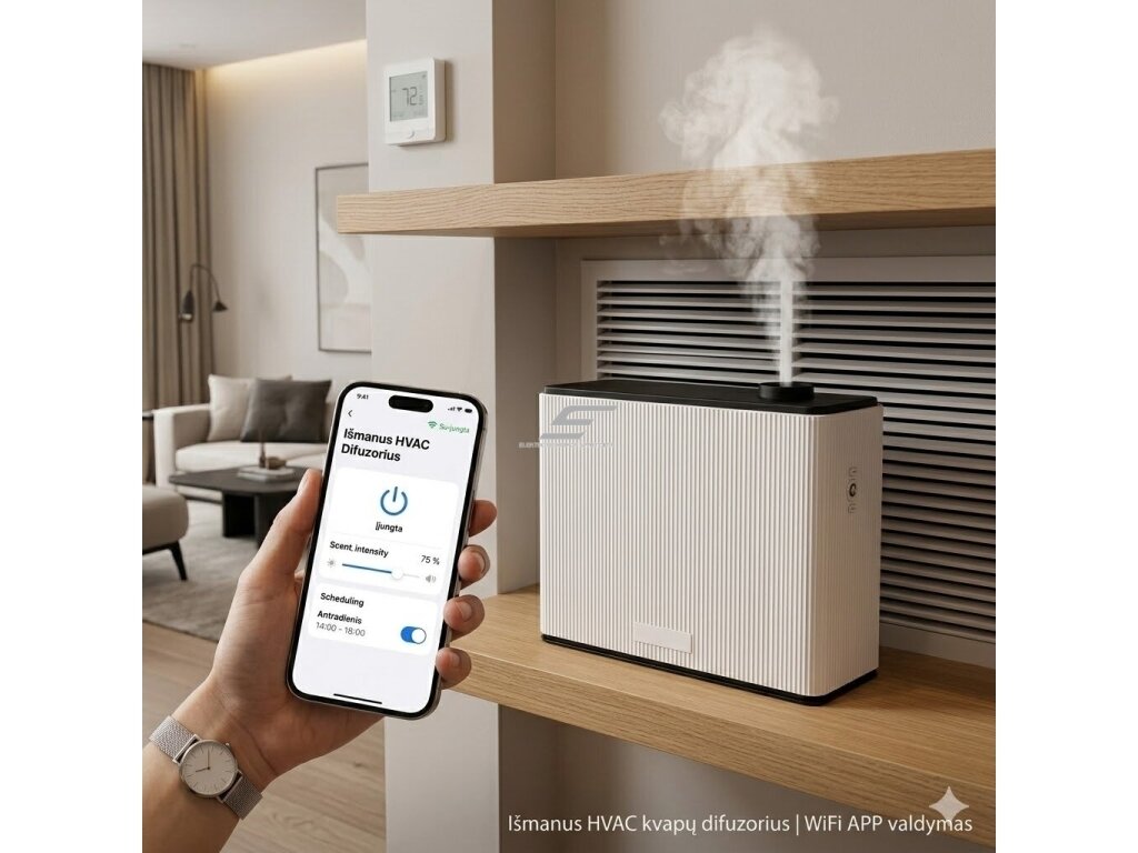 Išmanus HVAC kvapų difuzorius | WiFi APP valdymas | 1000ml | be vandens | 3000-4000 m³ | sieninis | 12V DC | baltas 4 Išmanus HVAC kvapų difuzorius | WiFi APP valdymas | 1000ml | be vandens | 3000-4000 m³ | sieninis | 12V DC | baltas 4