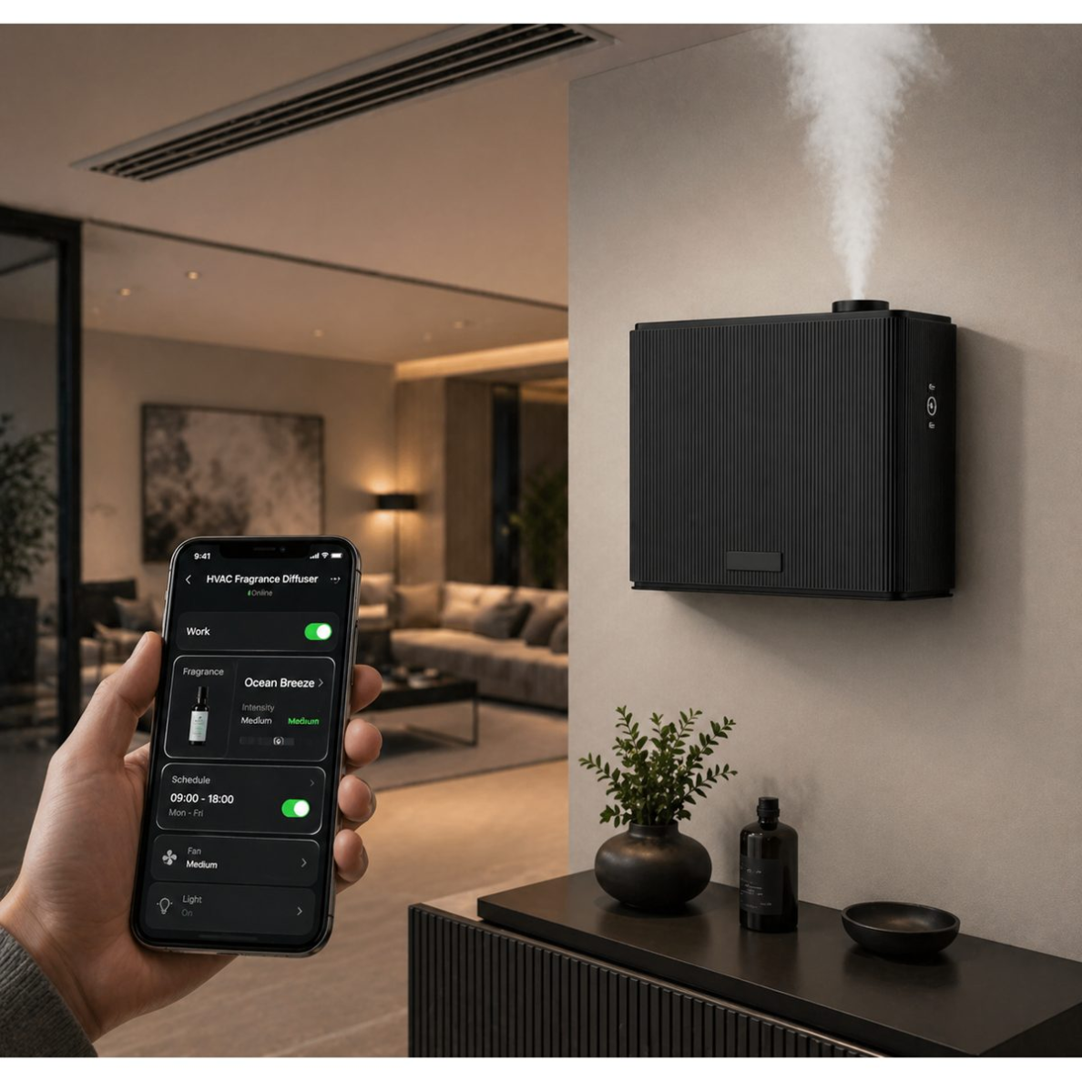 Viedais HVAC aromātu difuzors | WiFi APP vadība | 1000 ml | bez ūdens | 3000-4000 m³ | sienas montāža | 12V DC | melns 4 Viedais HVAC aromātu difuzors | WiFi APP vadība | 1000 ml | bez ūdens | 3000-4000 m³ | sienas montāža | 12V DC | melns 4