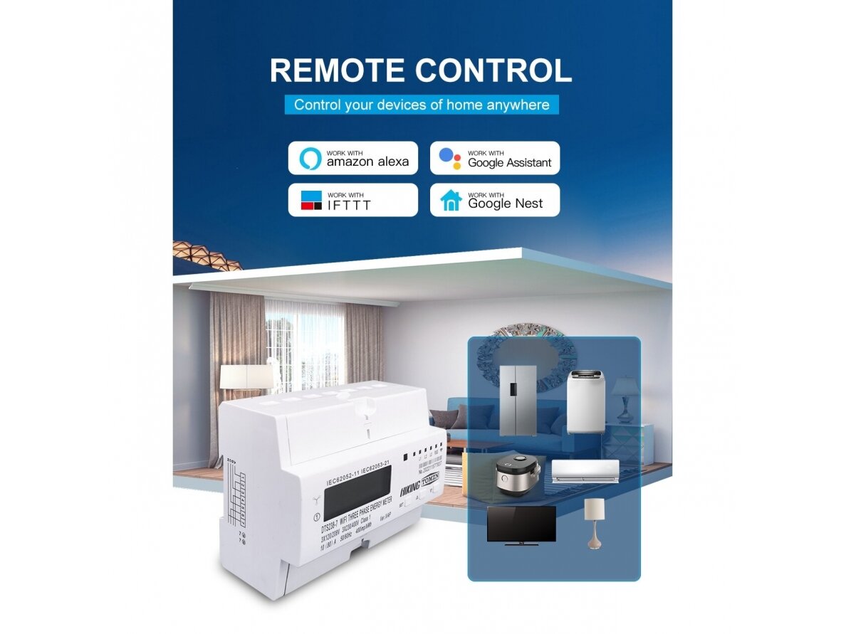 Modulinis trifazis išmanusis elektros energijos skaitiklis su rele | 60 A | 3×230/400 V | Wi-Fi Tuya | nuotolinis valdymas | U/I apsauga | RS485 | DIN | Tomzn TO-DTS238 2