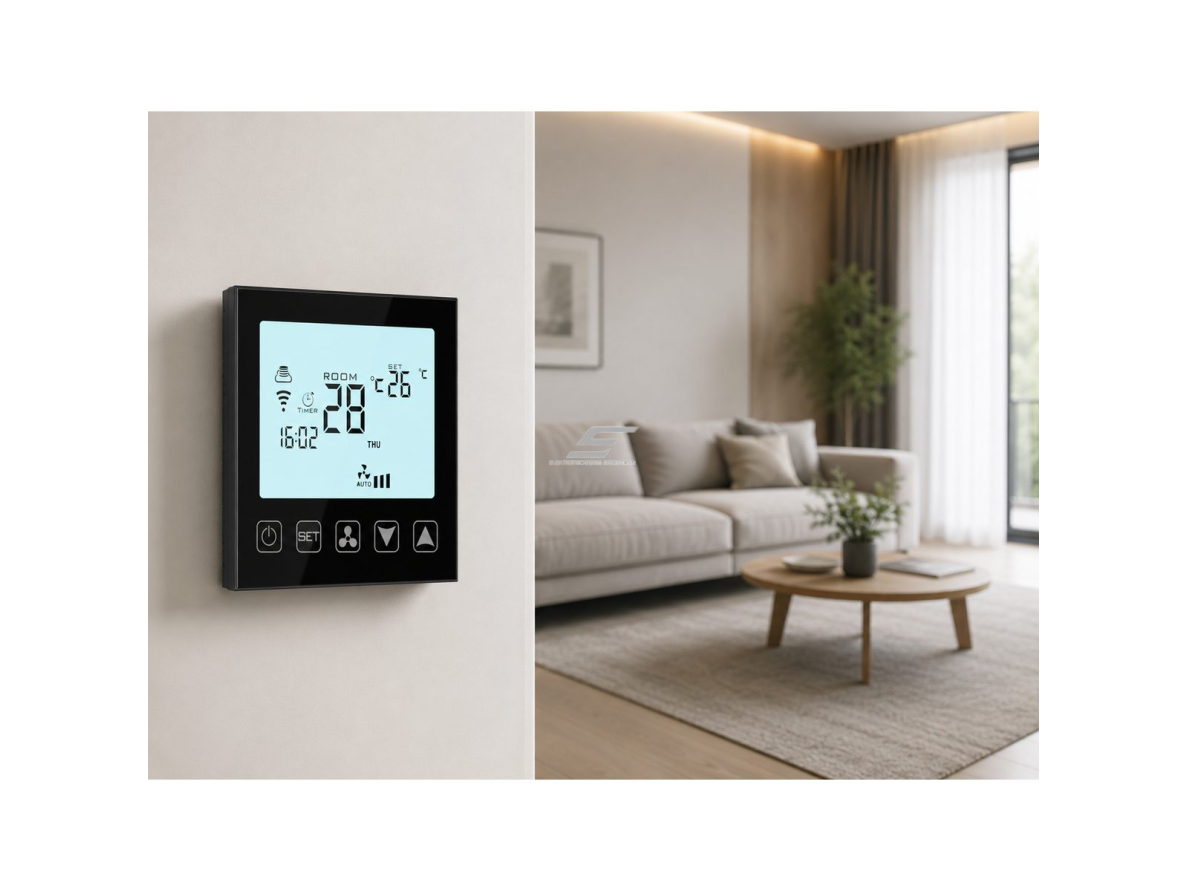 Išmanus liečiamas kambario termostatas | 24V / 230V | programuojamas | HVAC, fan coil ir oro kondicionavimo sistemoms | baltas 3 Išmanus liečiamas kambario termostatas | 24V / 230V | programuojamas | HVAC, fan coil ir oro kondicionavimo sistemoms | baltas 3