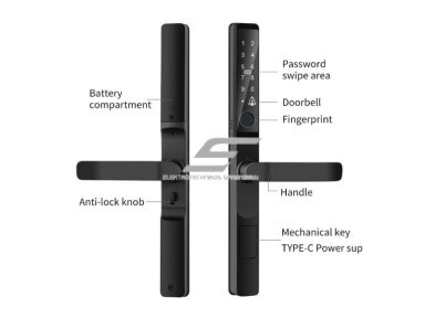 Išmani durų spyna su kortelių skaitytuvo | piršto antspaudo | PIN kodo | TUYA Wi-Fi programėlės | rakto atrakinimu | 315x127mm | juoda | IP66 Išmani durų spyna su kortelių skaitytuvo | piršto antspaudo | PIN kodo | TUYA Wi-Fi programėlės | rakto atrakinimu | 315x127mm | juoda | IP66