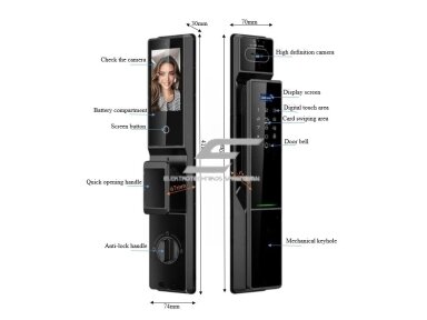 Išmani durų spyna su veido ir delno atpažinimu | pirštų antspaudų | IC kortelių skaitytuvu | 418x74x30mm | juoda | TUYA | Wi-Fi | IP66 Išmani durų spyna su veido ir delno atpažinimu | pirštų antspaudų | IC kortelių skaitytuvu | 418x74x30mm | juoda | TUYA | Wi-Fi | IP66