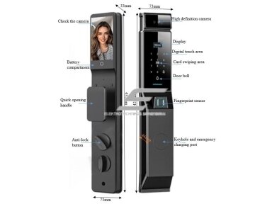 Išmani durų spyna su veido ir delno atpažinimu | pirštų antspaudų | IC kortelių skaitytuvu | 432x73x33mm | juoda | TUYA | Wi-Fi | IP66 Išmani durų spyna su veido ir delno atpažinimu | pirštų antspaudų | IC kortelių skaitytuvu | 432x73x33mm | juoda | TUYA | Wi-Fi | IP66