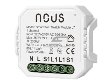 Išmanus | nuotolinis jungiklis | 1 kanalo | 230V | 2200W | 46x46x18mm | IP20 | Wi-Fi | Tuya | Smart Life | NOUS-L7 | 5907772033784 Išmanus | nuotolinis jungiklis | 1 kanalo | 230V | 2200W | 46x46x18mm | IP20 | Wi-Fi | Tuya | Smart Life | NOUS-L7 | 5907772033784