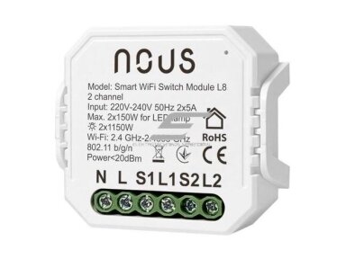 Išmanus | nuotolinis jungiklis | 2 kanalų | 230V | 2x5A | 2x1150W | 46x46x18mm | IP20 | Wi-Fi | Tuya | Smart Life | NOUS-L8 | 5907772033791 Išmanus | nuotolinis jungiklis | 2 kanalų | 230V | 2x5A | 2x1150W | 46x46x18mm | IP20 | Wi-Fi | Tuya | Smart Life | NOUS-L8 | 5907772033791