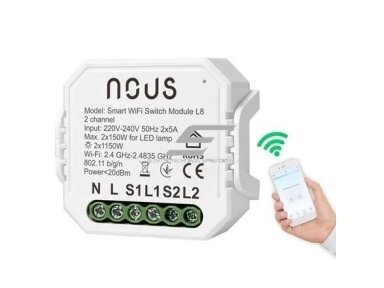 Išmanus | nuotolinis jungiklis | 2 kanalų | 230V | 2x5A | 2x1150W | 46x46x18mm | IP20 | Wi-Fi | Tuya | Smart Life | NOUS-L8 | 5907772033791 Išmanus | nuotolinis jungiklis | 2 kanalų | 230V | 2x5A | 2x1150W | 46x46x18mm | IP20 | Wi-Fi | Tuya | Smart Life | NOUS-L8 | 5907772033791