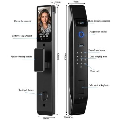 Smart door lock with facial recognition | fingerprint | IC card reader | 428x73x35mm | black | TUYA | Wi-Fi Smart door lock with facial recognition | fingerprint | IC card reader | 428x73x35mm | black | TUYA | Wi-Fi