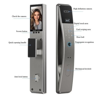 Smart door lock with facial recognition | fingerprint | IC card reader | 420x74x31mm | grey | TUYA | Wi-Fi Smart door lock with facial recognition | fingerprint | IC card reader | 420x74x31mm | grey | TUYA | Wi-Fi