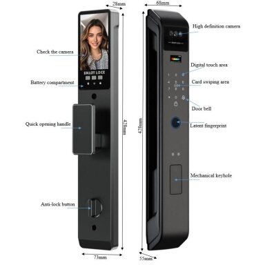 Smart door lock with facial recognition | fingerprint | IC card reader | 428x73x28mm | black | TUYA | Wi-Fi Smart door lock with facial recognition | fingerprint | IC card reader | 428x73x28mm | black | TUYA | Wi-Fi