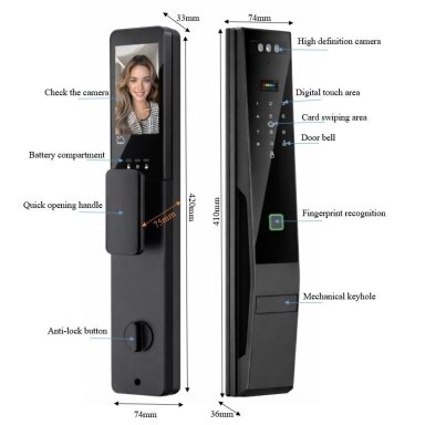 Smart door lock with face and palm recognition | fingerprint | IC card reader | 420x74x33mm | black | TUYA | Wi-Fi Smart door lock with face and palm recognition | fingerprint | IC card reader | 420x74x33mm | black | TUYA | Wi-Fi
