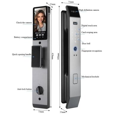 Smart door lock 6-in-1 | 3D face recognition | fingerprint | IC card | PIN | camera and intercom | Wi-Fi Tuya | 6068/7068 | 428×73×35 mm | silver | ES-XF14S Smart door lock 6-in-1 | 3D face recognition | fingerprint | IC card | PIN | camera and intercom | Wi-Fi Tuya | 6068/7068 | 428×73×35 mm | silver | ES-XF14S