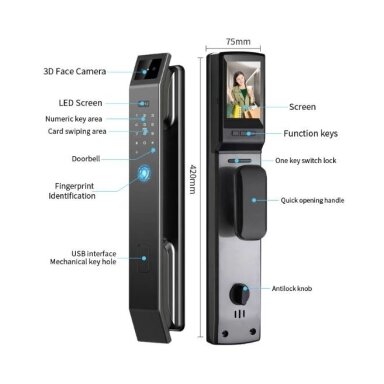 Smart door lock with facial recognition | fingerprint | IC card reader | 420x75mm | grey | TUYA | Wi-Fi Smart door lock with facial recognition | fingerprint | IC card reader | 420x75mm | grey | TUYA | Wi-Fi