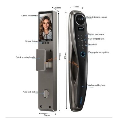 Smart door lock with face and palm recognition | fingerprint | IC card reader | 420x74x31mm | grey | TUYA | Wi-Fi Smart door lock with face and palm recognition | fingerprint | IC card reader | 420x74x31mm | grey | TUYA | Wi-Fi