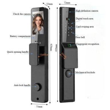 Smart door lock with face and palm recognition | fingerprint | IC card reader | 420x75x32mm | black | TUYA | Wi-Fi | IP66 Smart door lock with face and palm recognition | fingerprint | IC card reader | 420x75x32mm | black | TUYA | Wi-Fi | IP66