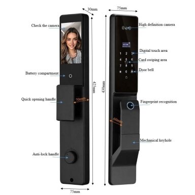 Smart door lock with face and palm recognition | fingerprint | IC card reader | 425x75x30mm | black | TUYA | Wi-Fi | IP66 Smart door lock with face and palm recognition | fingerprint | IC card reader | 425x75x30mm | black | TUYA | Wi-Fi | IP66