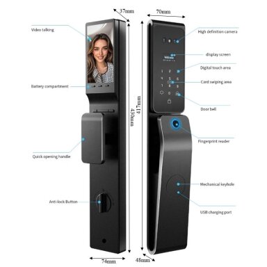 Smart door lock with face and palm recognition | fingerprint | IC card reader | 430x74x37mm | bronze | TUYA | Wi-Fi | IP66 Smart door lock with face and palm recognition | fingerprint | IC card reader | 430x74x37mm | bronze | TUYA | Wi-Fi | IP66