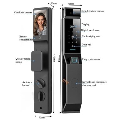 Smart door lock with face and palm recognition | fingerprint | IC card reader | 432x73x33mm | black | TUYA | Wi-Fi | IP66 Smart door lock with face and palm recognition | fingerprint | IC card reader | 432x73x33mm | black | TUYA | Wi-Fi | IP66