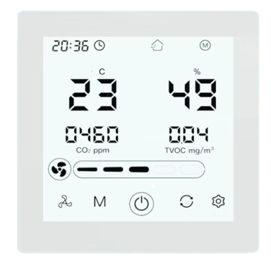Nutikas 3-kiiruseline ventilaatori kontroller koos CO₂ ja õhukvaliteedi anduriga | AC/EC/DC ventilaatoritele | 110-240VAC | 0…+50°C | Wi-Fi | TUYA Nutikas 3-kiiruseline ventilaatori kontroller koos CO₂ ja õhukvaliteedi anduriga | AC/EC/DC ventilaatoritele | 110-240VAC | 0…+50°C | Wi-Fi | TUYA