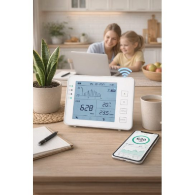 CO₂ air quality meter with WiFi | for indoor use | 0–5000 ppm | temperature + humidity | data logging | USB | white CO₂ air quality meter with WiFi | for indoor use | 0–5000 ppm | temperature + humidity | data logging | USB | white