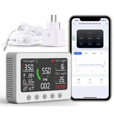 Viedais CO2 un gaisa kvalitātes mērītājs | sensors | 2A | 12VDC | balts | Wi-Fi | Tuya Smart Life Viedais CO2 un gaisa kvalitātes mērītājs | sensors | 2A | 12VDC | balts | Wi-Fi | Tuya Smart Life