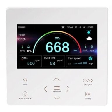 Nutikas ventilaatori kontroller CO2 ja PM2.5 anduriga | 95-240VAC | valge | Wi-Fi | RS485 | Tuya Nutikas ventilaatori kontroller CO2 ja PM2.5 anduriga | 95-240VAC | valge | Wi-Fi | RS485 | Tuya