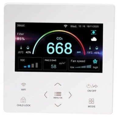 Nutikas ventilaatori kontroller CO2 ja VOC anduriga | 95-240VAC | valge | Wi-Fi | RS485 | Tuya Nutikas ventilaatori kontroller CO2 ja VOC anduriga | 95-240VAC | valge | Wi-Fi | RS485 | Tuya