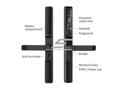 Išmani durų spyna su kortelių skaitytuvo | piršto antspaudo | PIN kodo | TUYA Wi-Fi programėlės | rakto atrakinimu | 315x127mm | juoda | IP66 1