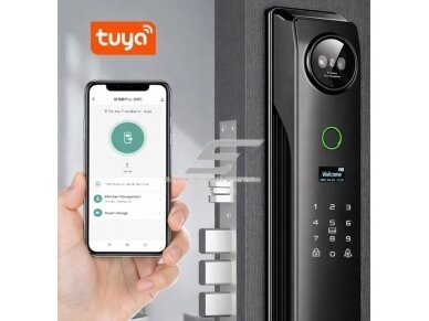 Išmani durų spyna su veido atpažinimu | pirštų antspaudų | IC kortelių skaitytuvu | 418x74x29mm | pilka | TUYA | Wi-Fi 3