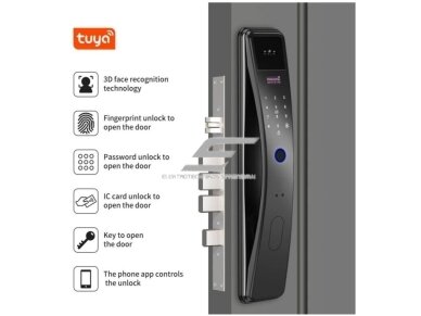Išmani durų spyna su veido atpažinimu | pirštų antspaudų | IC kortelių skaitytuvu | 415x77x37mm | juoda | TUYA | Wi-Fi 2 Išmani durų spyna su veido atpažinimu | pirštų antspaudų | IC kortelių skaitytuvu | 415x77x37mm | juoda | TUYA | Wi-Fi 2