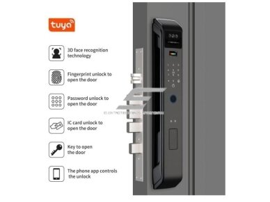 Išmani durų spyna su veido atpažinimu | pirštų antspaudų | IC kortelių skaitytuvu | 428x73x28mm | juoda | TUYA | Wi-Fi 5