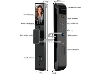 Išmani durų spyna su veido atpažinimu | pirštų antspaudų | IC kortelių skaitytuvu | 428x73x28mm | juoda | TUYA | Wi-Fi 1