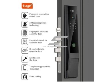 Išmani durų spyna su veido ir delno atpažinimu | pirštų antspaudų | IC kortelių skaitytuvu | 420x74x33mm | juoda | TUYA | Wi-Fi 3 Išmani durų spyna su veido ir delno atpažinimu | pirštų antspaudų | IC kortelių skaitytuvu | 420x74x33mm | juoda | TUYA | Wi-Fi 3