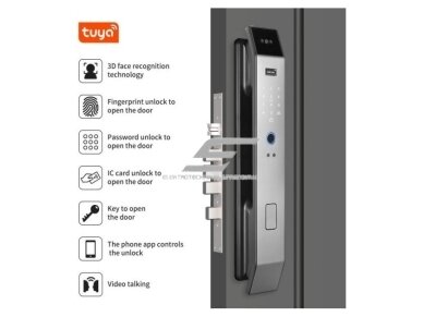 Išmani durų spyna 6-in-1 | 3D veido atpažinimas | pirštų antspaudas | IC kortelė | PIN | kamera ir interkomas | Wi-Fi Tuya | 6068/7068 | 428×73×35 mm | sidabrinė | ES-XF14S 4 Išmani durų spyna 6-in-1 | 3D veido atpažinimas | pirštų antspaudas | IC kortelė | PIN | kamera ir interkomas | Wi-Fi Tuya | 6068/7068 | 428×73×35 mm | sidabrinė | ES-XF14S 4