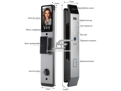 Išmani durų spyna 6-in-1 | 3D veido atpažinimas | pirštų antspaudas | IC kortelė | PIN | kamera ir interkomas | Wi-Fi Tuya | 6068/7068 | 428×73×35 mm | sidabrinė | ES-XF14S 1 Išmani durų spyna 6-in-1 | 3D veido atpažinimas | pirštų antspaudas | IC kortelė | PIN | kamera ir interkomas | Wi-Fi Tuya | 6068/7068 | 428×73×35 mm | sidabrinė | ES-XF14S 1