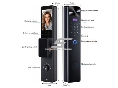 Išmani durų spyna su veido ir delno atpažinimu | pirštų antspaudų | IC kortelių skaitytuvu | 420x75x35mm | juoda | TUYA | Wi-Fi 1 Išmani durų spyna su veido ir delno atpažinimu | pirštų antspaudų | IC kortelių skaitytuvu | 420x75x35mm | juoda | TUYA | Wi-Fi 1