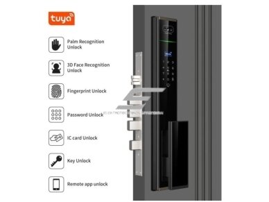 Išmani durų spyna su veido ir delno atpažinimu | pirštų antspaudų | IC kortelių skaitytuvu | 420x79x32mm | juoda | TUYA | Wi-Fi | IP66 3 Išmani durų spyna su veido ir delno atpažinimu | pirštų antspaudų | IC kortelių skaitytuvu | 420x79x32mm | juoda | TUYA | Wi-Fi | IP66 3