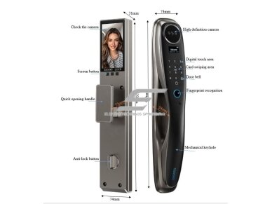 Išmani durų spyna su veido ir delno atpažinimu | pirštų antspaudų | IC kortelių skaitytuvu | 420x74x31mm | pilka | TUYA | Wi-Fi 1 Išmani durų spyna su veido ir delno atpažinimu | pirštų antspaudų | IC kortelių skaitytuvu | 420x74x31mm | pilka | TUYA | Wi-Fi 1