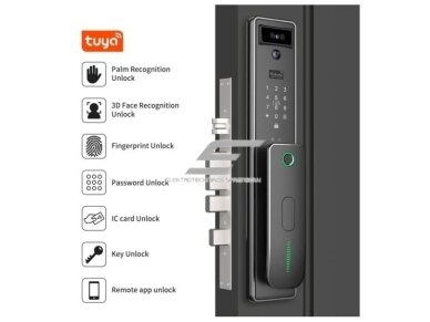 Išmani durų spyna su veido ir delno atpažinimu | pirštų antspaudų | IC kortelių skaitytuvu | 420x76x35mm | juoda | TUYA | Wi-Fi 3 Išmani durų spyna su veido ir delno atpažinimu | pirštų antspaudų | IC kortelių skaitytuvu | 420x76x35mm | juoda | TUYA | Wi-Fi 3