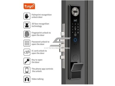 Išmani durų spyna su veido ir delno atpažinimu | pirštų antspaudų | IC kortelių skaitytuvu | 420x75x30mm | juoda | TUYA | Wi-Fi | IP66 2 Išmani durų spyna su veido ir delno atpažinimu | pirštų antspaudų | IC kortelių skaitytuvu | 420x75x30mm | juoda | TUYA | Wi-Fi | IP66 2