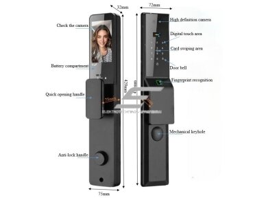 Išmani durų spyna su veido ir delno atpažinimu | pirštų antspaudų | IC kortelių skaitytuvu | 420x75x32mm | juoda | TUYA | Wi-Fi | IP66 1